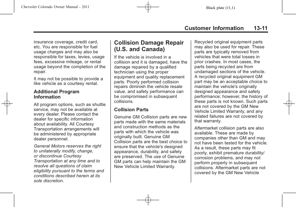 Collision damage repair (u.s. and canada), Collision damage repair, U.s. and canada) -11 | Procedure | CHEVROLET 2011 Colorado User Manual | Page 375 / 394