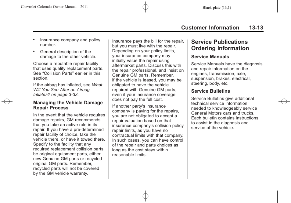 Service publications ordering information, Service publications, Ordering information -13 | Customer information 13-13 | CHEVROLET 2011 Colorado User Manual | Page 377 / 394
