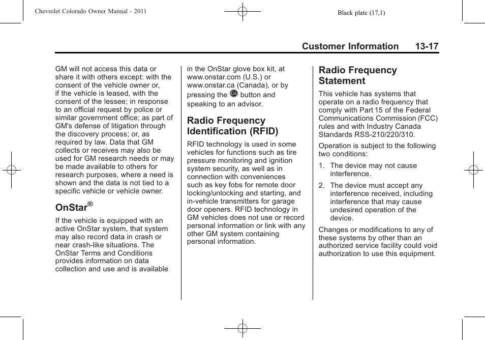 Onstar, Radio frequency identification (rfid), Radio frequency statement | Identification (rfid) -17, Radio frequency, Statement -17 | CHEVROLET 2011 Colorado User Manual | Page 381 / 394