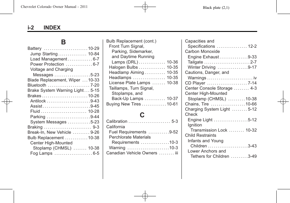 Index_b, Index_c, I-2 index | CHEVROLET 2011 Colorado User Manual | Page 384 / 394
