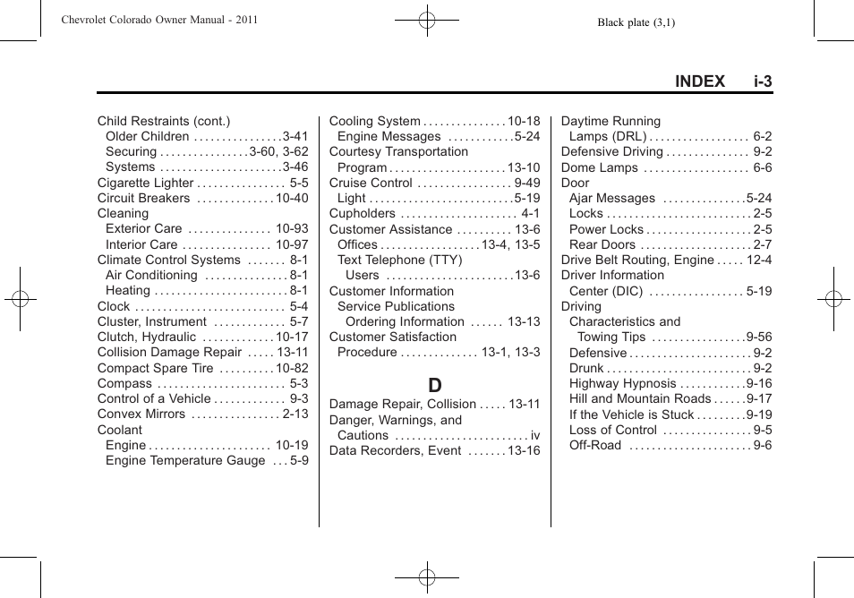 Index_d, Index i-3 | CHEVROLET 2011 Colorado User Manual | Page 385 / 394