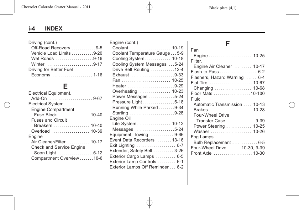 Index_e, Index_f, I-4 index | CHEVROLET 2011 Colorado User Manual | Page 386 / 394