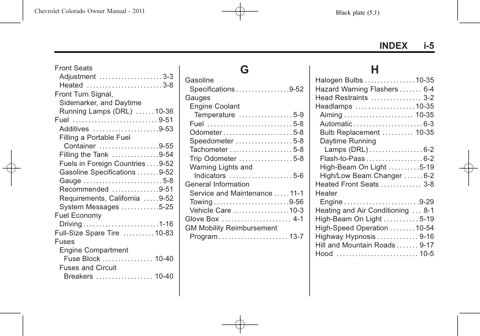 Index_g, Index_h, Index i-5 | CHEVROLET 2011 Colorado User Manual | Page 387 / 394