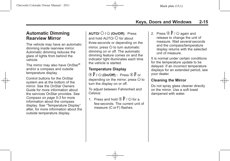 Automatic dimming rearview mirror, Automatic dimming rearview, Mirror -15 | CHEVROLET 2011 Colorado User Manual | Page 39 / 394
