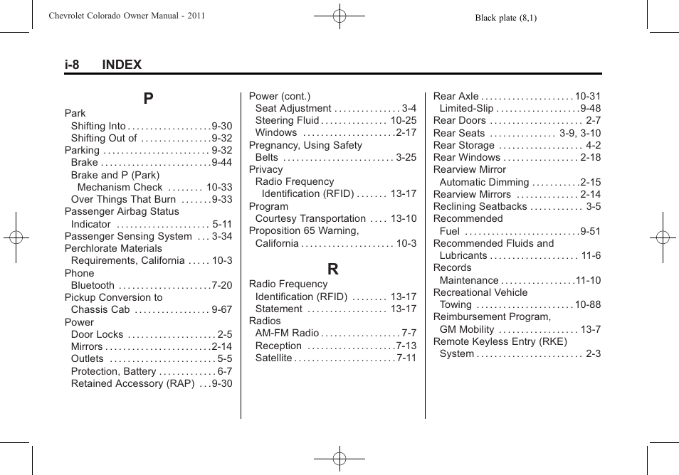 Index_p, Index_r, I-8 index | CHEVROLET 2011 Colorado User Manual | Page 390 / 394