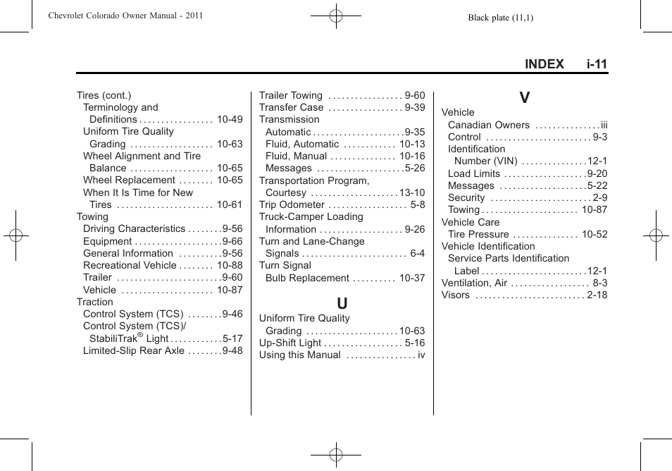 Index_u, Index_v, Index i-11 | CHEVROLET 2011 Colorado User Manual | Page 393 / 394