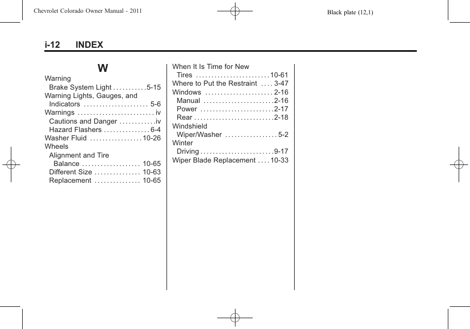 Index_w, I-12 index | CHEVROLET 2011 Colorado User Manual | Page 394 / 394