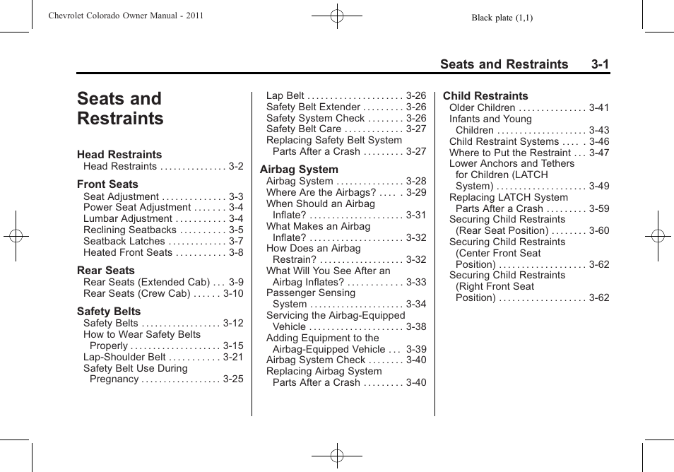Seats and restraints, Seats and restraints -1, Seats and restraints 3-1 | CHEVROLET 2011 Colorado User Manual | Page 43 / 394