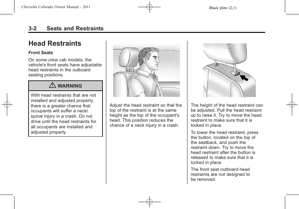 Head restraints, Head restraints -2 | CHEVROLET 2011 Colorado User Manual | Page 44 / 394