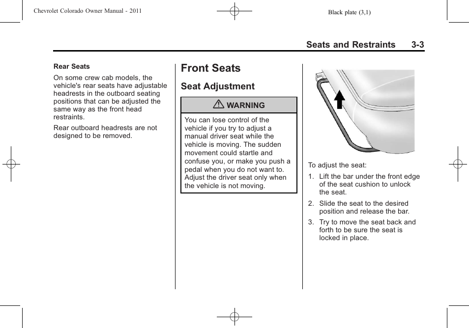 Front seats, Seat adjustment, Front seats -3 | Seat adjustment -3 | CHEVROLET 2011 Colorado User Manual | Page 45 / 394