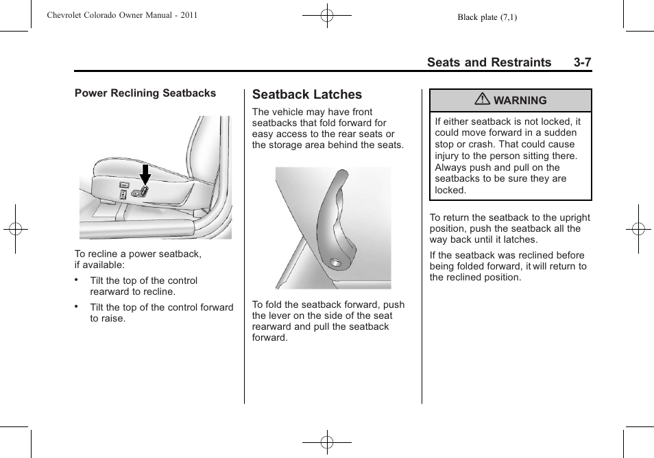 Seatback latches, Seatback latches -7 | CHEVROLET 2011 Colorado User Manual | Page 49 / 394