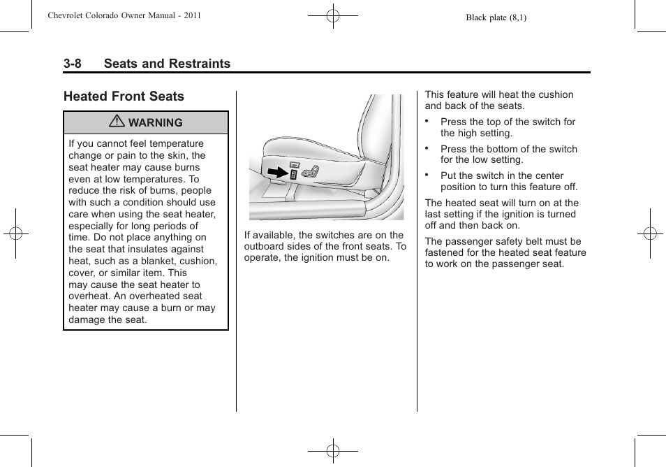 Heated front seats, Heated front seats -8, 8 seats and restraints | CHEVROLET 2011 Colorado User Manual | Page 50 / 394