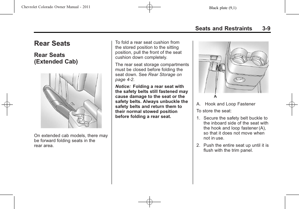 Rear seats, Rear seats (extended cab), Rear seats -9 | Rear seats (extended cab) -9 | CHEVROLET 2011 Colorado User Manual | Page 51 / 394