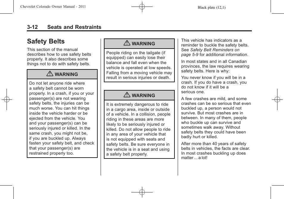 Safety belts, Safety belts -12 | CHEVROLET 2011 Colorado User Manual | Page 54 / 394