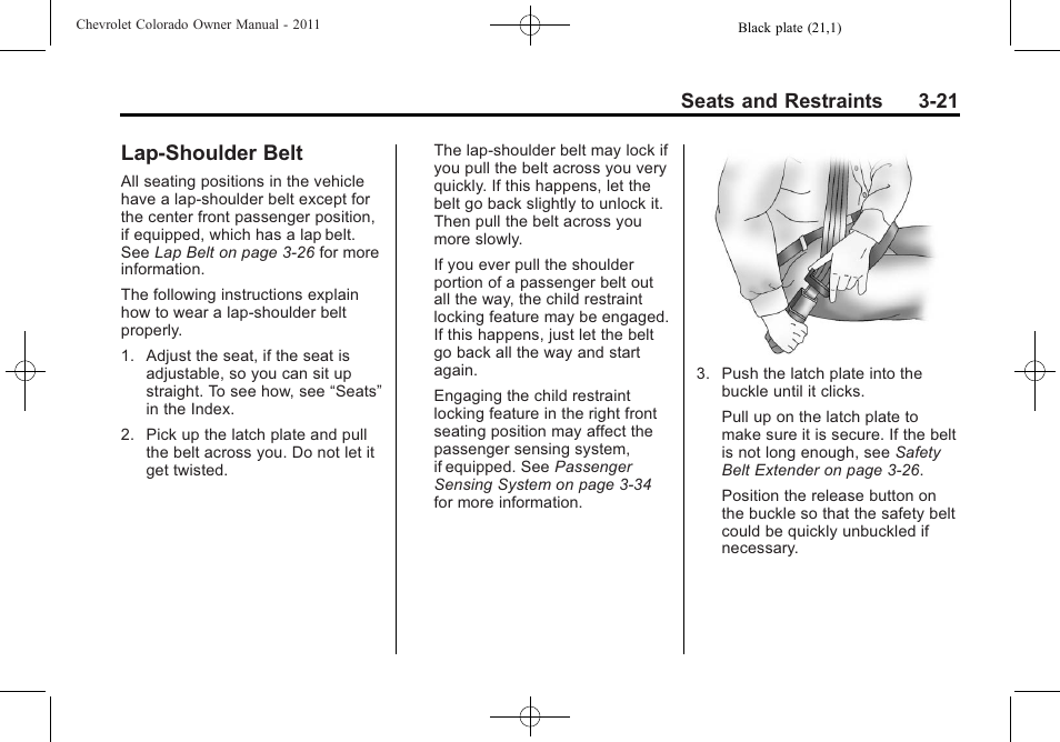 Lap-shoulder belt, Lap-shoulder belt -21, Airbag | Seats and restraints 3-21 | CHEVROLET 2011 Colorado User Manual | Page 63 / 394