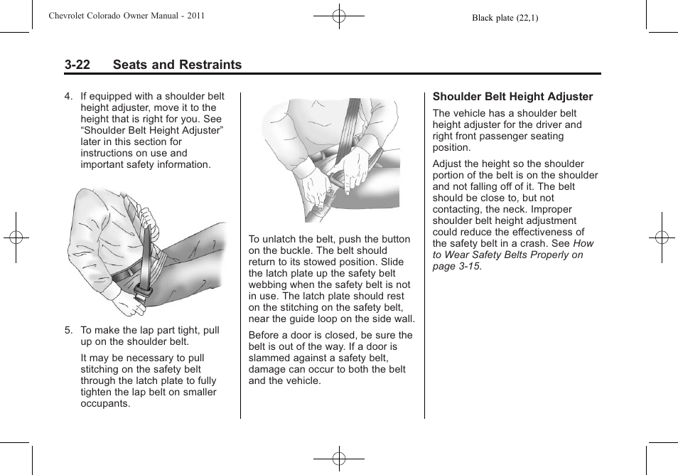 22 seats and restraints | CHEVROLET 2011 Colorado User Manual | Page 64 / 394