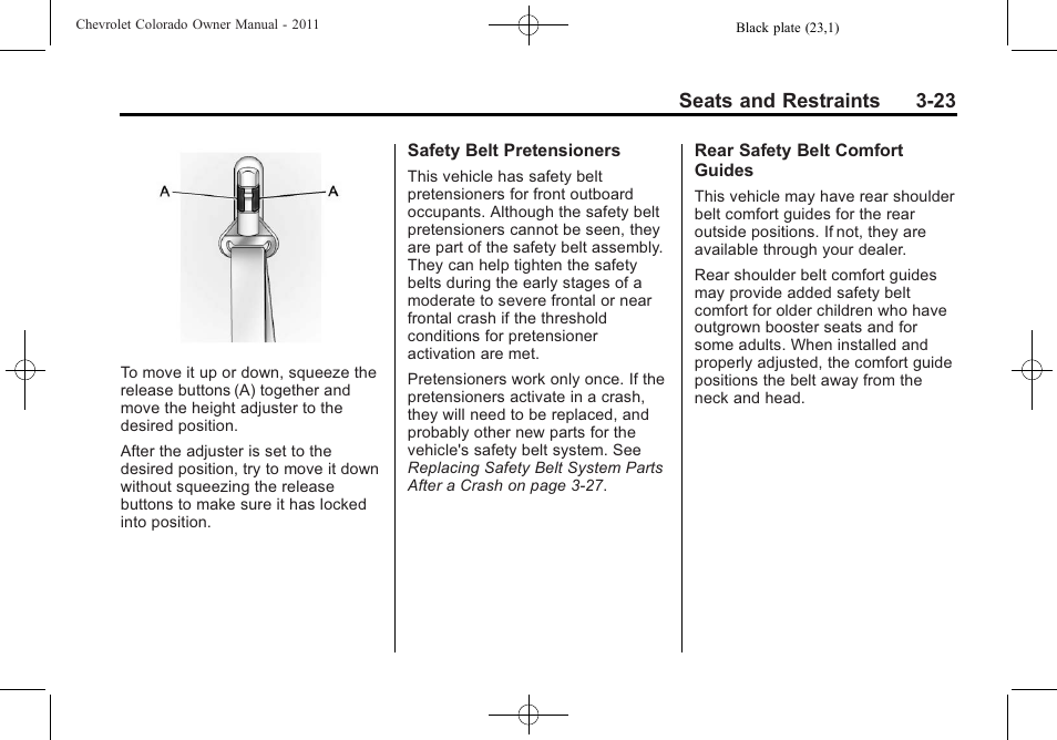 Seats and restraints 3-23 | CHEVROLET 2011 Colorado User Manual | Page 65 / 394