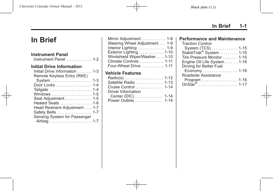 In brief, In brief -1 | CHEVROLET 2011 Colorado User Manual | Page 7 / 394