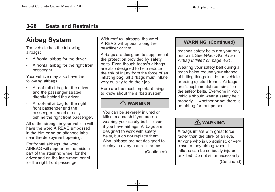Airbag system, Airbag system -28, 28 seats and restraints | CHEVROLET 2011 Colorado User Manual | Page 70 / 394