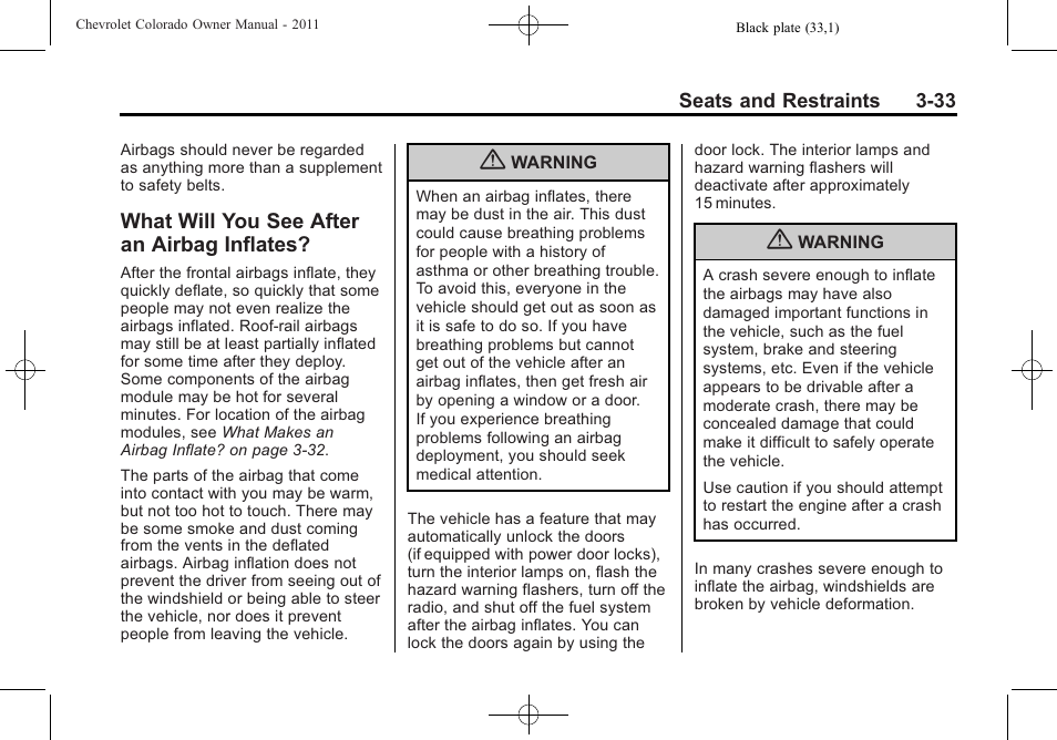 What will you see after an airbag inflates, What will you see after an, Airbag inflates? -33 | CHEVROLET 2011 Colorado User Manual | Page 75 / 394