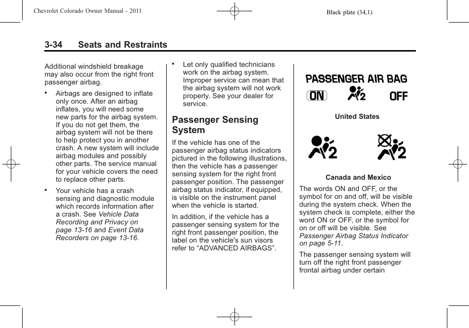 Passenger sensing system, Passenger sensing, System -34 | 34 seats and restraints | CHEVROLET 2011 Colorado User Manual | Page 76 / 394