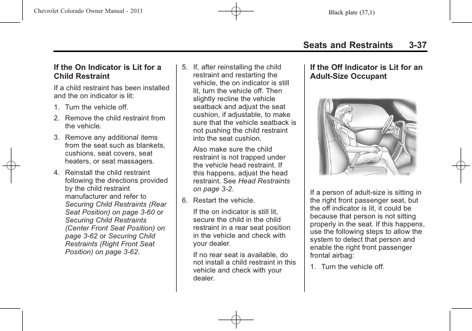 Seats and restraints 3-37 | CHEVROLET 2011 Colorado User Manual | Page 79 / 394