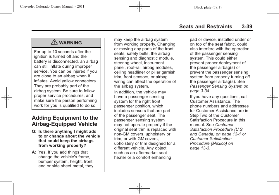 Adding equipment to the airbag-equipped vehicle, Adding equipment to the, Airbag-equipped vehicle -39 | CHEVROLET 2011 Colorado User Manual | Page 81 / 394