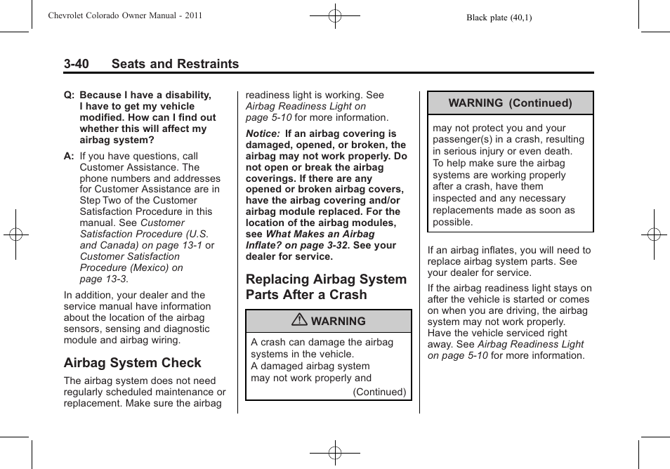 Airbag system check, Replacing airbag system parts after a crash, System check -40 replacing airbag system | Parts after a crash -40 | CHEVROLET 2011 Colorado User Manual | Page 82 / 394