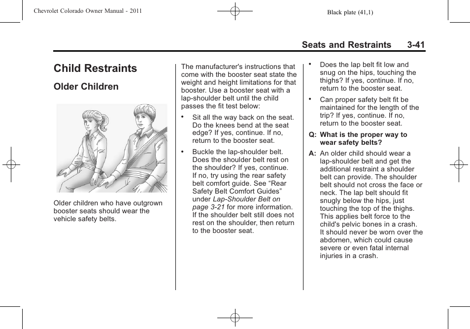 Child restraints, Older children, Child restraints -41 | Older children -41, Seats and restraints 3-41 | CHEVROLET 2011 Colorado User Manual | Page 83 / 394