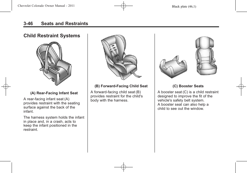 Child restraint systems, Child restraint systems -46 | CHEVROLET 2011 Colorado User Manual | Page 88 / 394