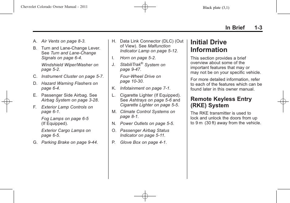 Initial drive information, Remote keyless entry (rke) system, Initial drive information -3 | Warning lights, gauges, and, Starting and, System -3 | CHEVROLET 2011 Colorado User Manual | Page 9 / 394