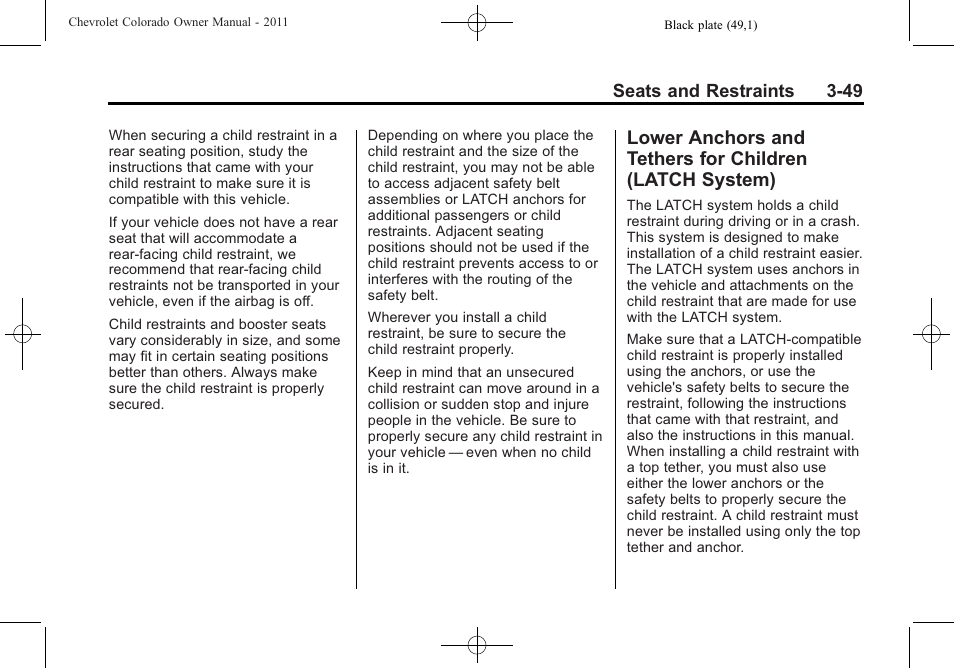 Lower anchors and tethers, For children (latch system) -49 | CHEVROLET 2011 Colorado User Manual | Page 91 / 394