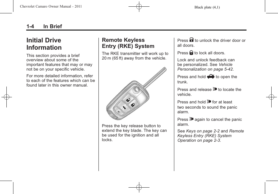 Initial drive information, Remote keyless entry (rke) system | CHEVROLET 2011 Camaro User Manual | Page 10 / 414