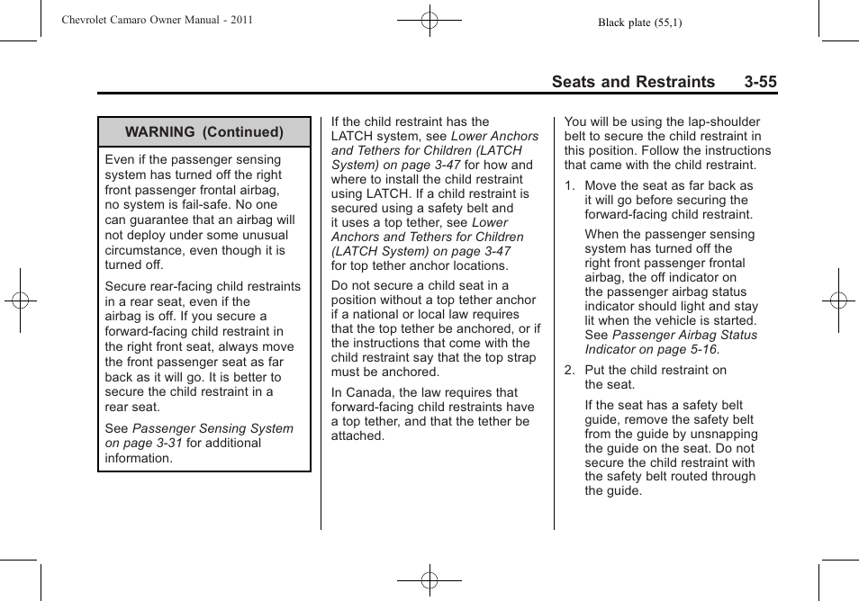Seats and restraints 3-55 | CHEVROLET 2011 Camaro User Manual | Page 101 / 414
