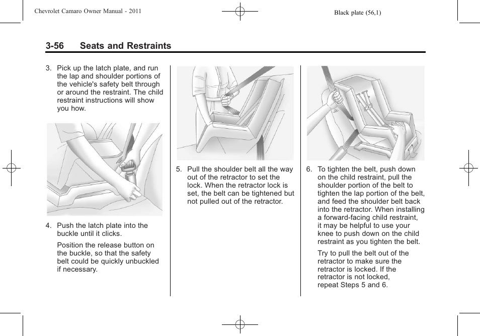 56 seats and restraints | CHEVROLET 2011 Camaro User Manual | Page 102 / 414