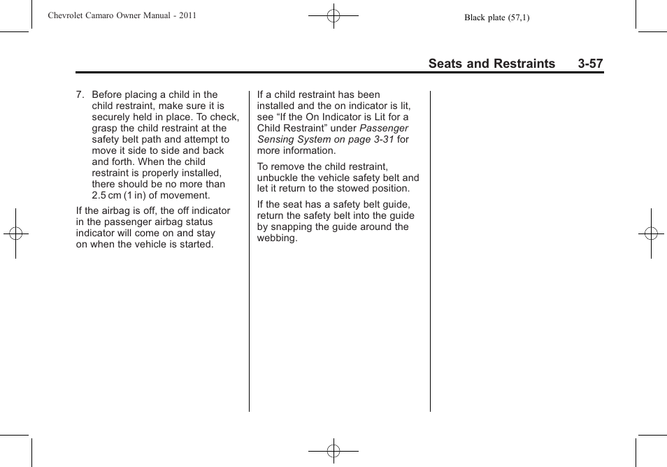 Seats and restraints 3-57 | CHEVROLET 2011 Camaro User Manual | Page 103 / 414