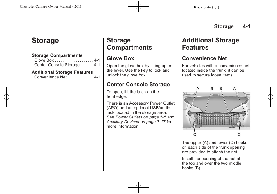 Storage, Storage compartments, Glove box | Center console storage, Additional storage features, Convenience net | CHEVROLET 2011 Camaro User Manual | Page 105 / 414