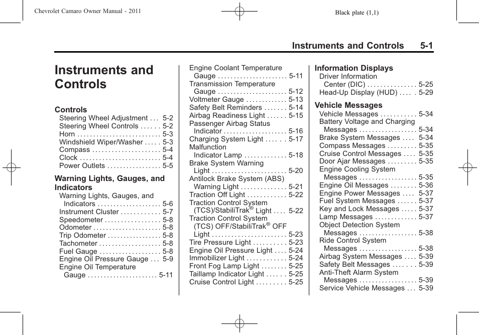 Instruments and controls, Instruments and controls 5-1 | CHEVROLET 2011 Camaro User Manual | Page 107 / 414