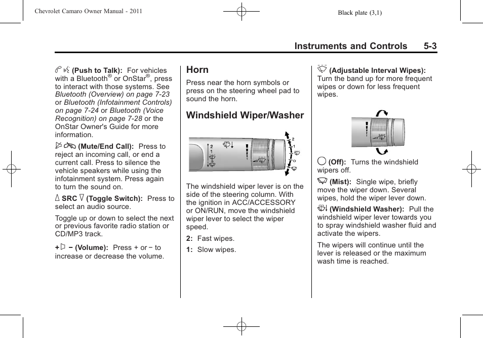 Horn, Windshield wiper/washer | CHEVROLET 2011 Camaro User Manual | Page 109 / 414