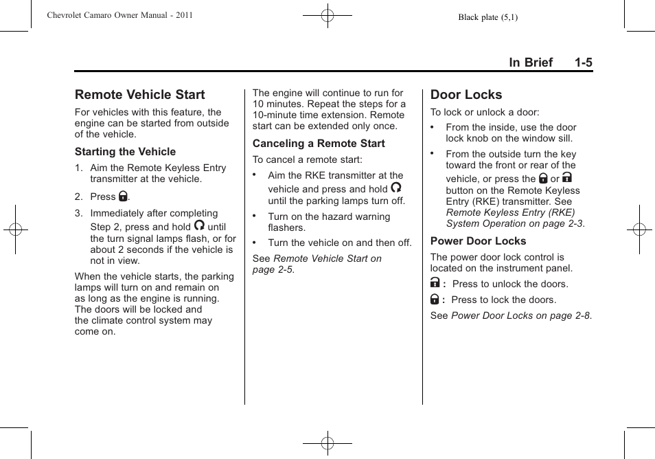 Remote vehicle start, Door locks | CHEVROLET 2011 Camaro User Manual | Page 11 / 414