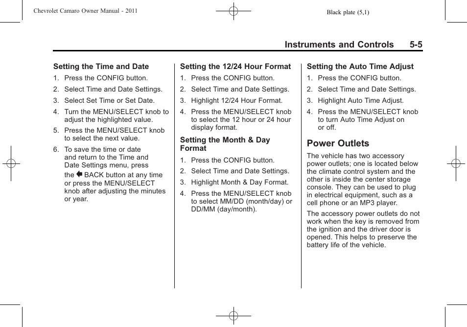 Power outlets, Instruments and controls 5-5 | CHEVROLET 2011 Camaro User Manual | Page 111 / 414