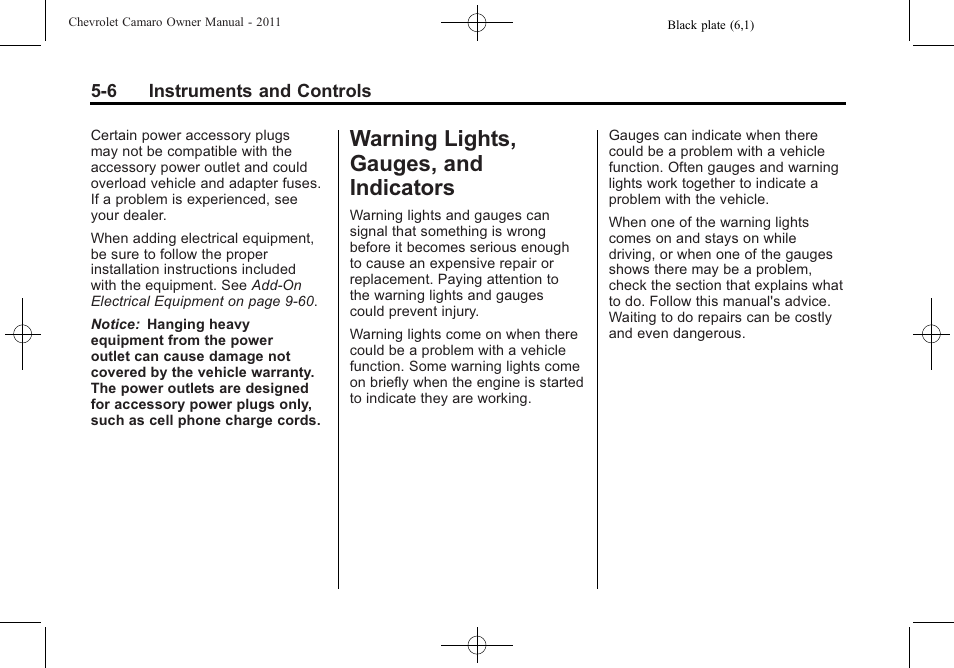 Warning lights, gauges, and indicators | CHEVROLET 2011 Camaro User Manual | Page 112 / 414