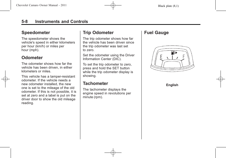 Speedometer, Odometer, Trip odometer | Tachometer, Fuel gauge | CHEVROLET 2011 Camaro User Manual | Page 114 / 414