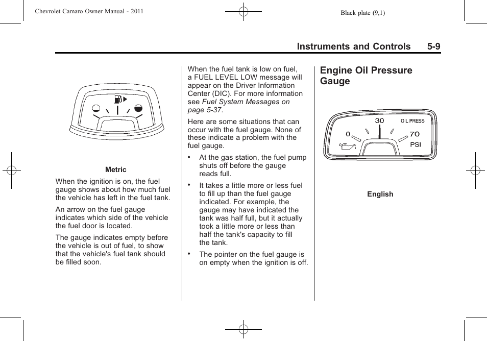 Engine oil pressure gauge, Instruments and controls 5-9 | CHEVROLET 2011 Camaro User Manual | Page 115 / 414