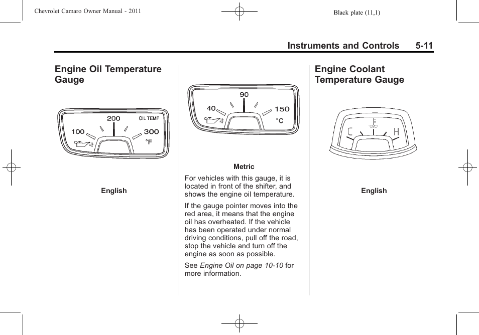 Engine oil temperature gauge, Engine coolant temperature gauge | CHEVROLET 2011 Camaro User Manual | Page 117 / 414