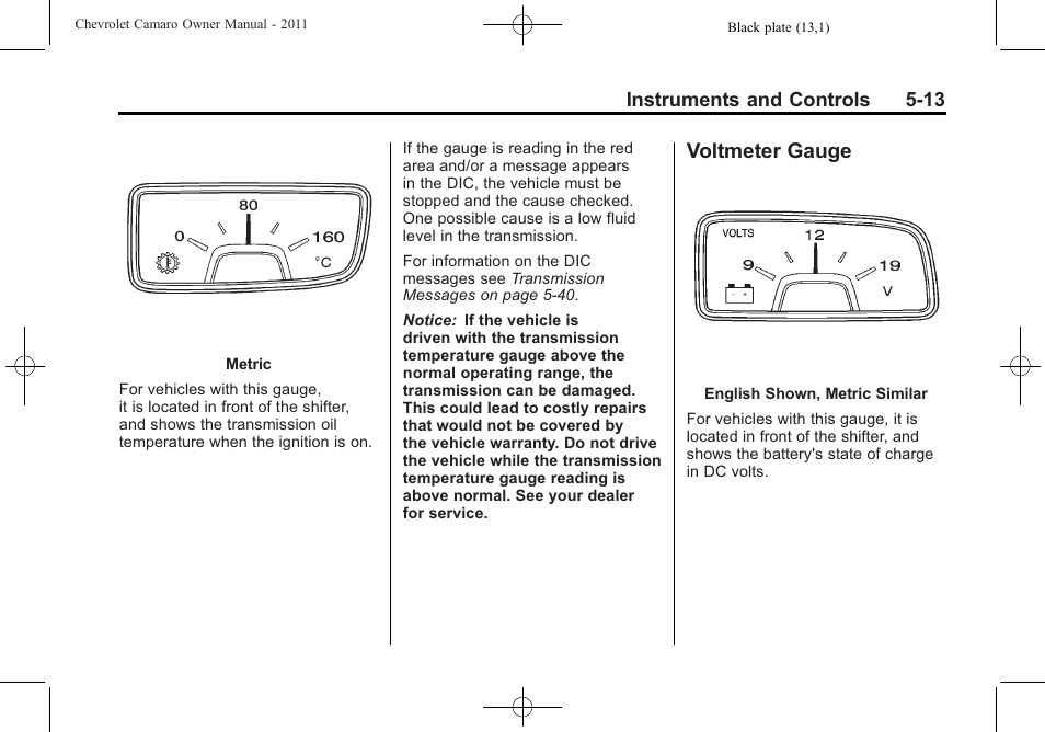 Voltmeter gauge | CHEVROLET 2011 Camaro User Manual | Page 119 / 414
