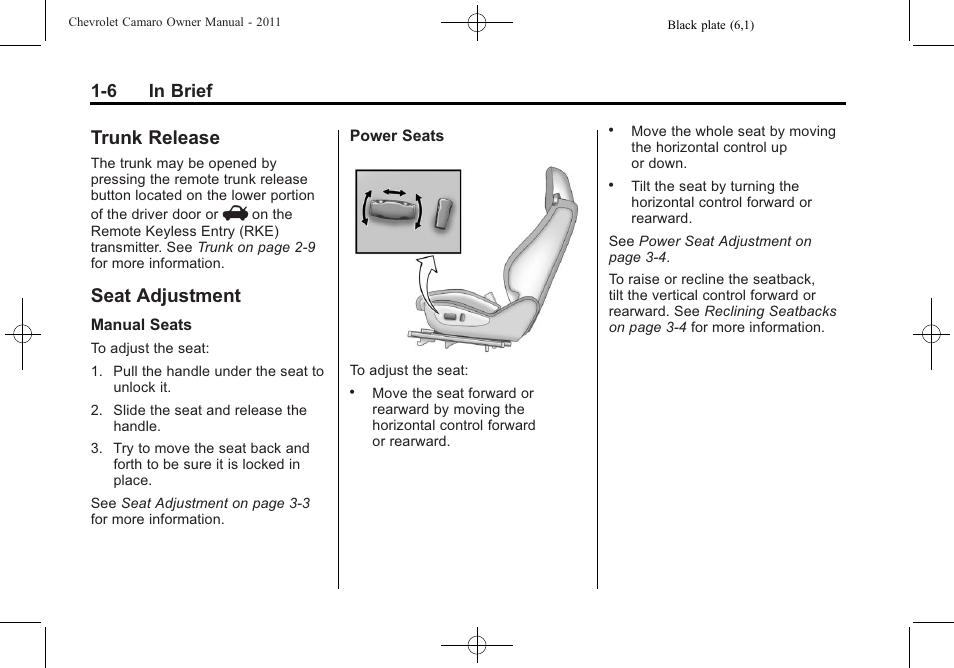 Trunk release, Seat adjustment, 6 in brief | CHEVROLET 2011 Camaro User Manual | Page 12 / 414