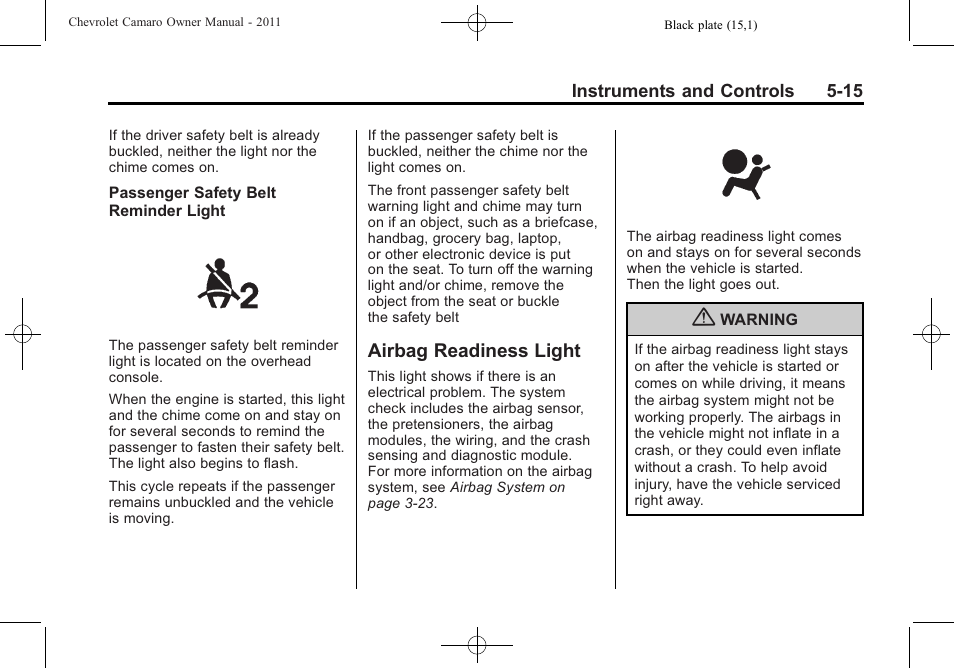Airbag readiness light | CHEVROLET 2011 Camaro User Manual | Page 121 / 414