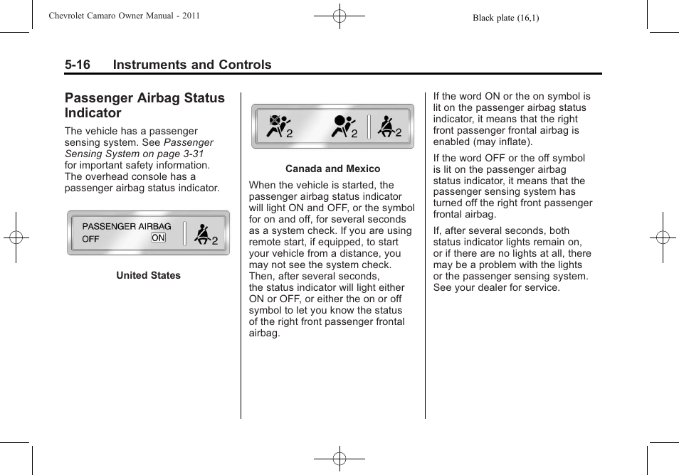 Passenger airbag status indicator | CHEVROLET 2011 Camaro User Manual | Page 122 / 414