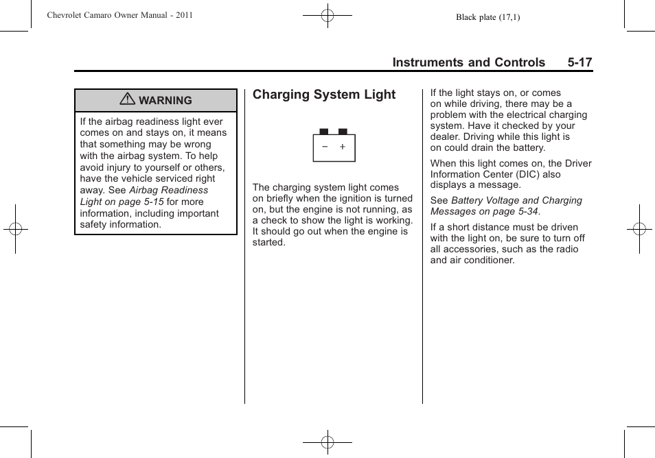 Charging system light | CHEVROLET 2011 Camaro User Manual | Page 123 / 414